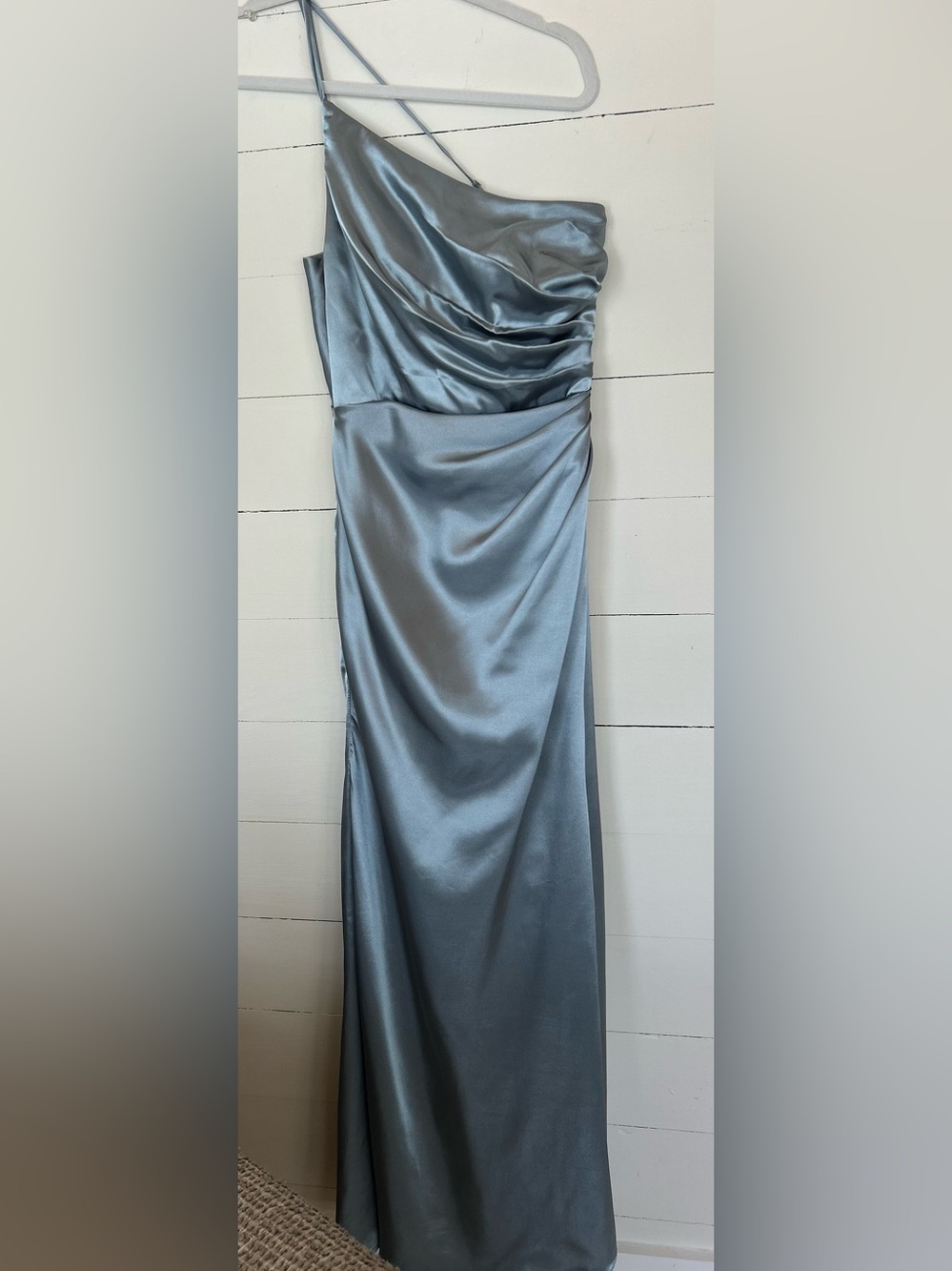 Galina Signature One-Shoulder Satin Gown in Steel Blue Size 2